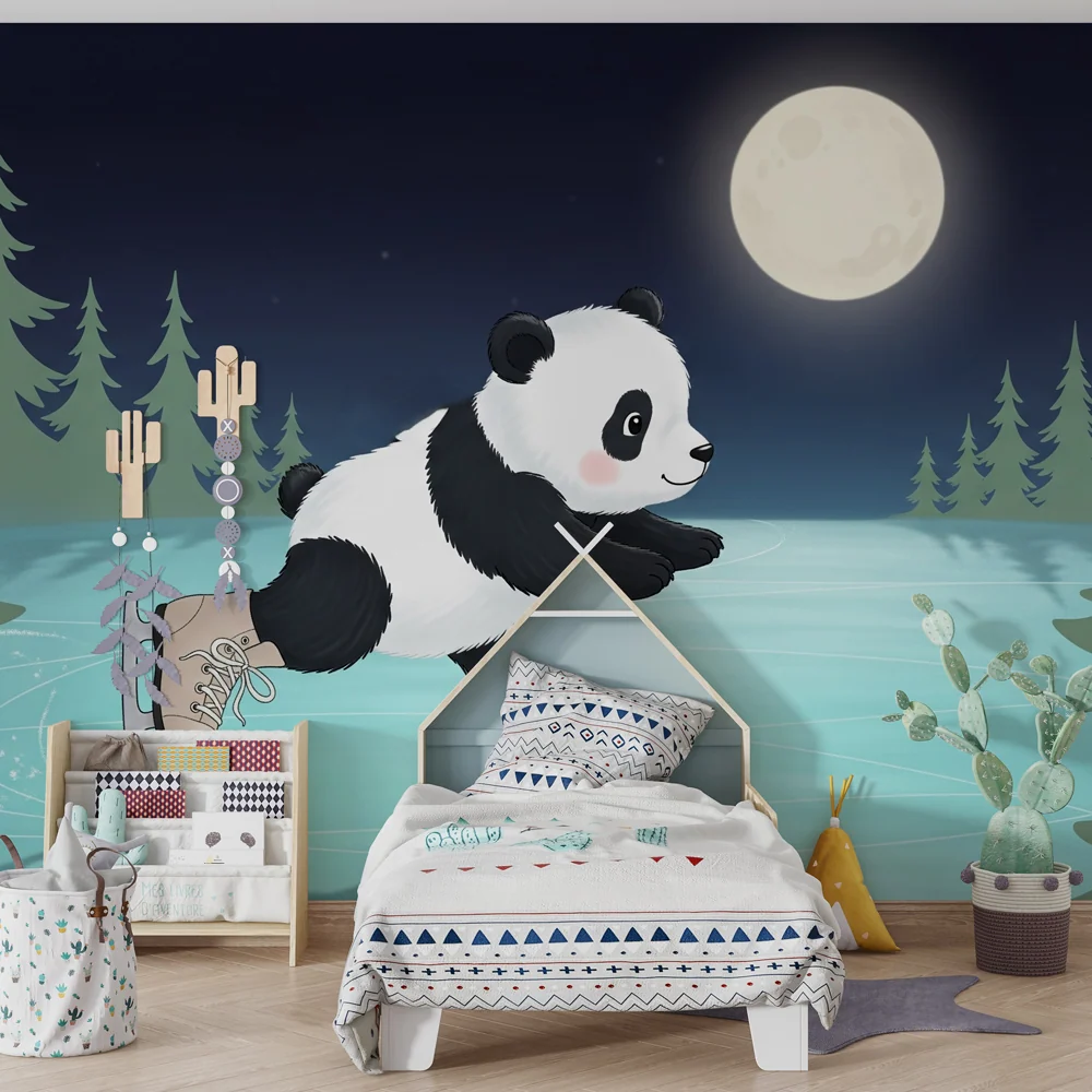 Dětská pokojová tapeta | Panda bruslař pod měsícem