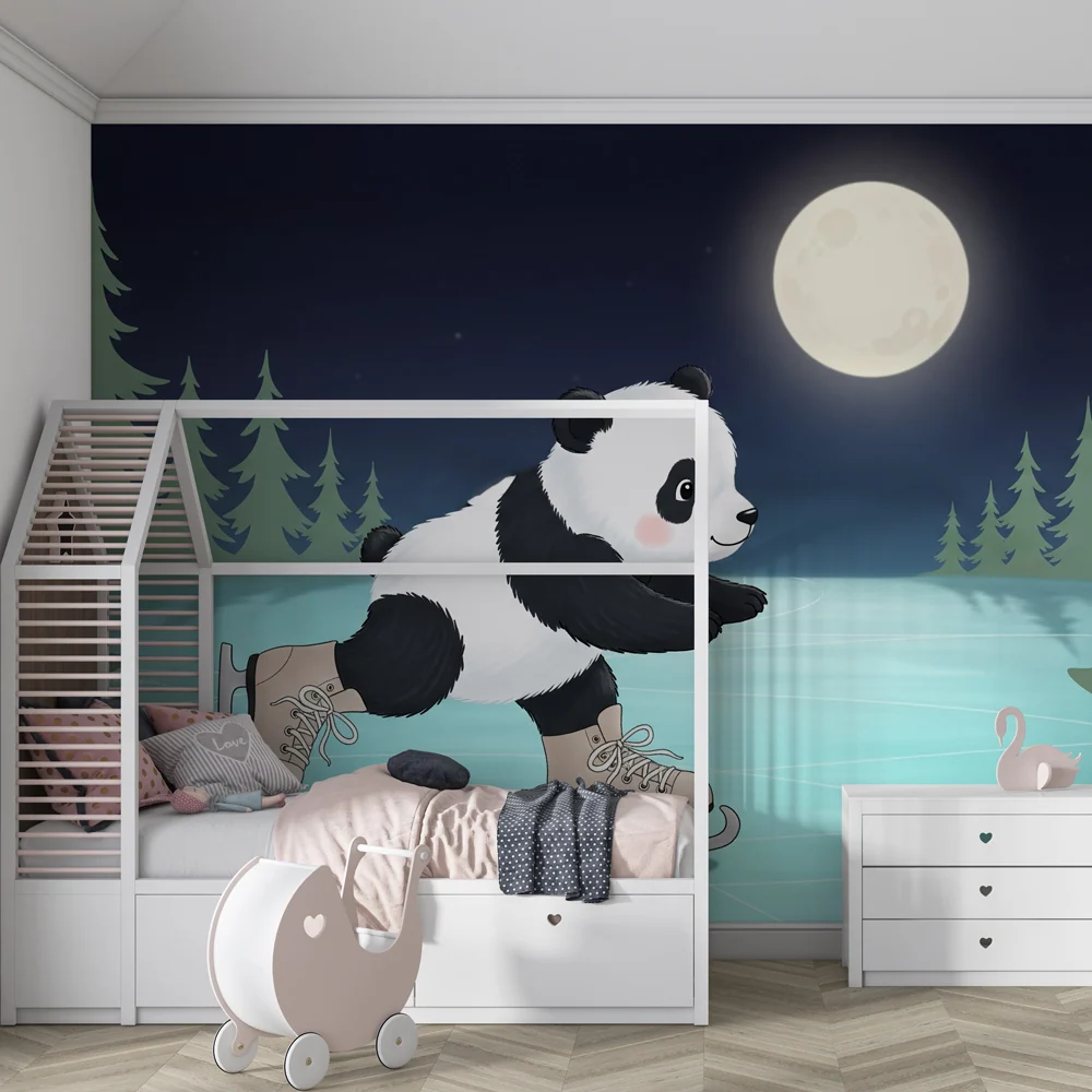 Dětská pokojová tapeta | Panda bruslař pod měsícem