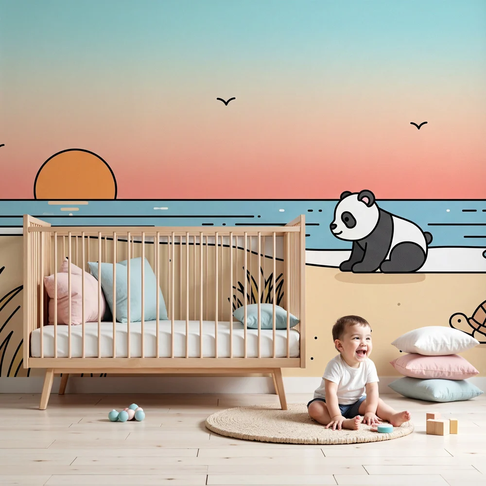 Dětská pokojová tapeta | Panda želva na pláži