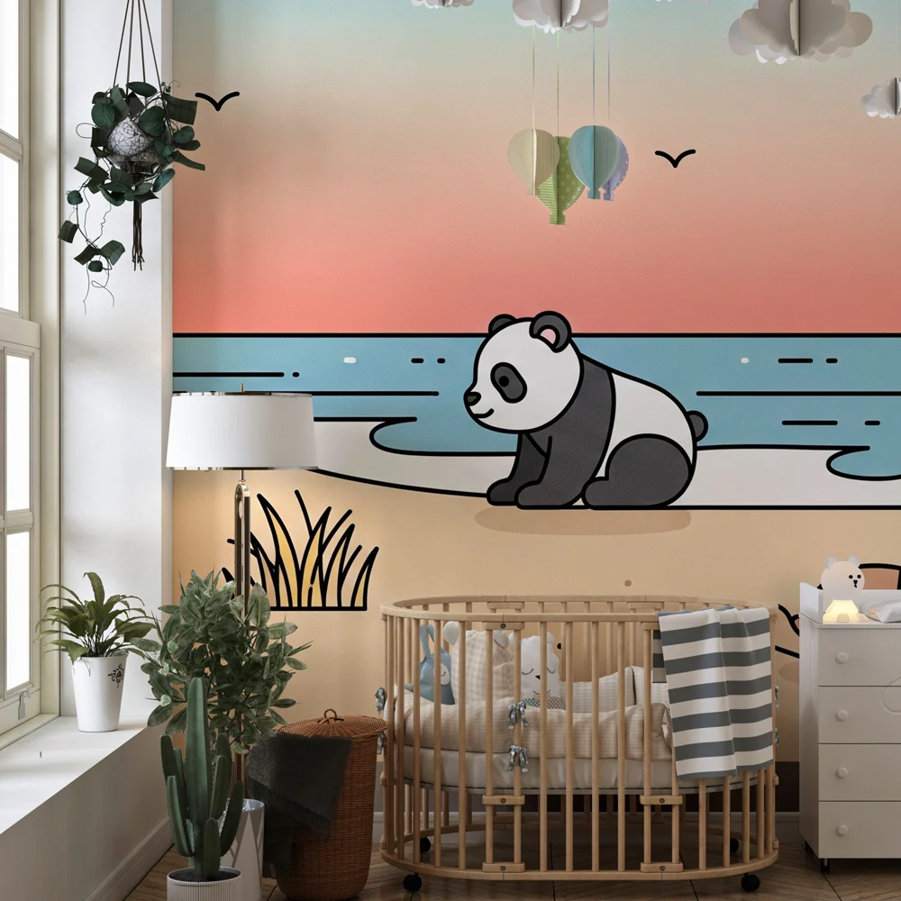 Dětská pokojová tapeta | Panda želva na pláži