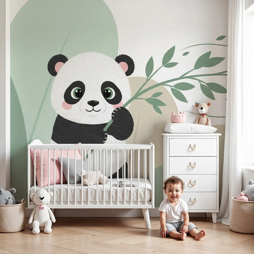 Dětská pokojová tapeta | Panda hráč mezi listy