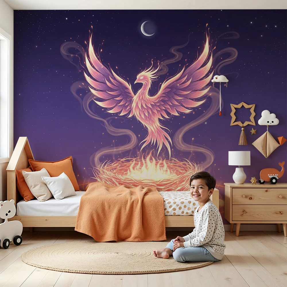 Dětská pokojová tapeta | Plamenný fénix vystupující z jeho magického hnízda