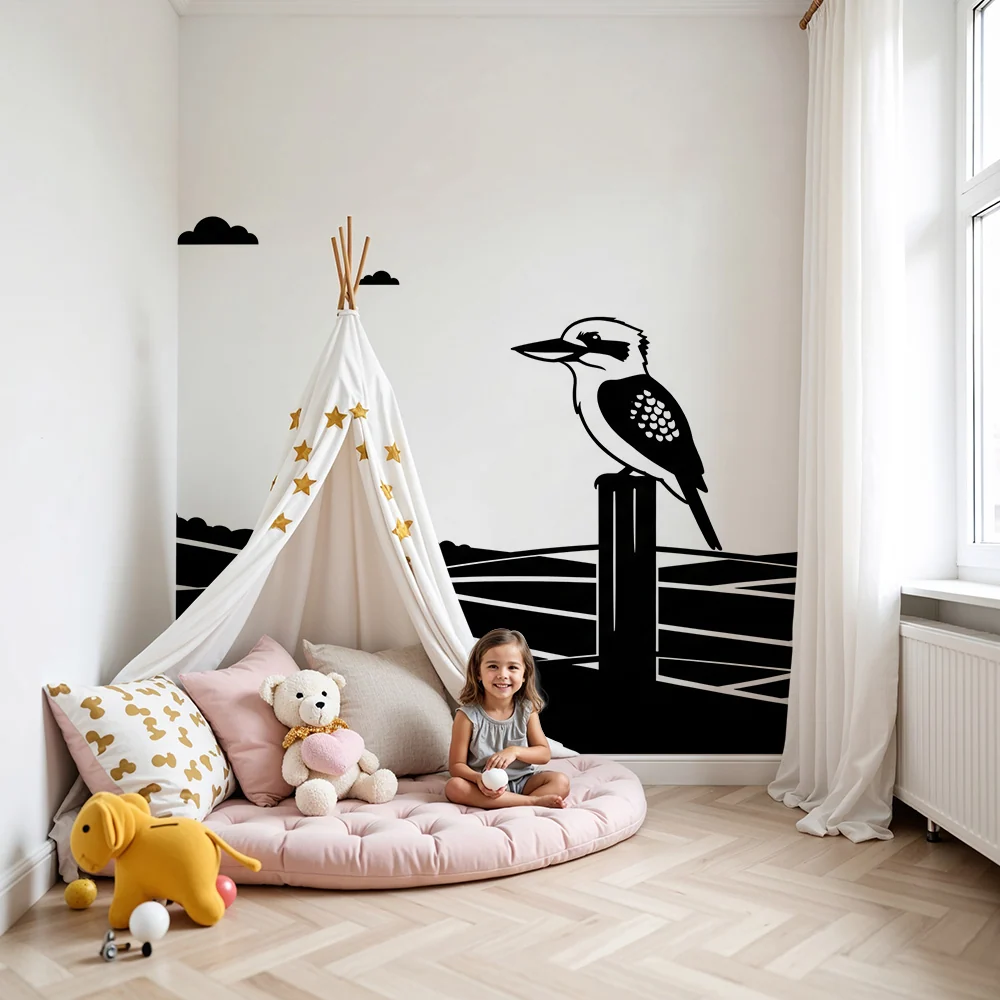 Dětská pokojová tapeta | Pták na sloupu v stylizované černobílé krajině
