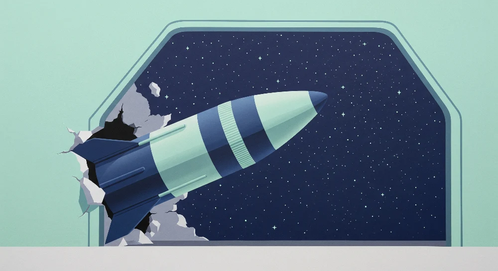 Dětská pokojová tapeta | Raketa unikající do vesmíru se třpytivými hvězdami