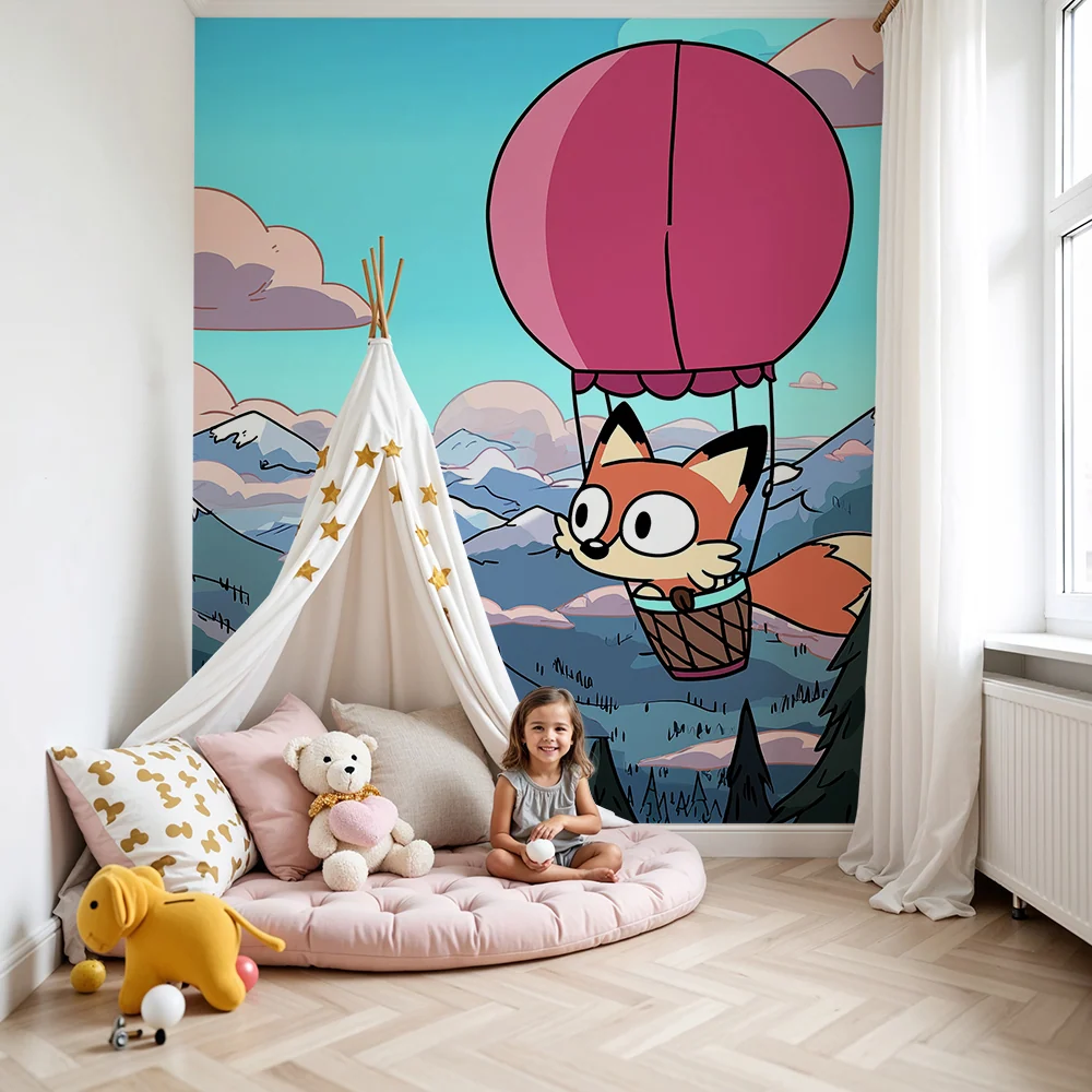 Dětská pokojová tapeta | Rozkošný liščí balón na pozadí hor