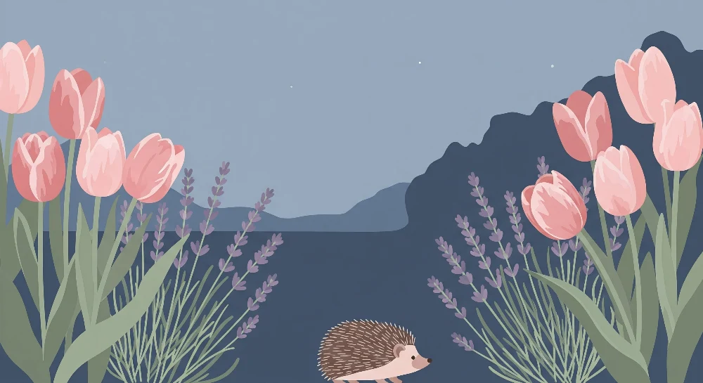 Dětská pokojová tapeta | Rozkošný ježek mezi tulipány levandulí