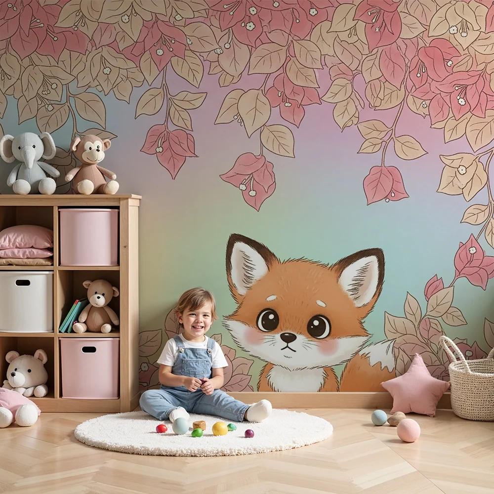 Dětská pokojová tapeta | Roztomilý liščí motiv barevné listí