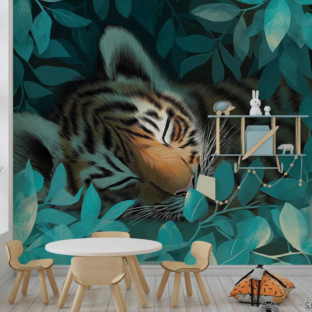 Dětská pokojová tapeta | Spící tygr uprostřed tyrkysových listů