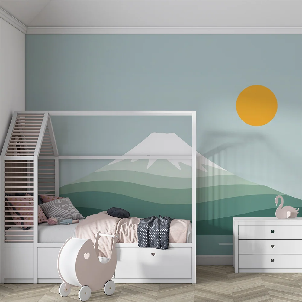 Dětská pokojová tapeta | Stylizovaná hora se sluncem jemnými vlnami