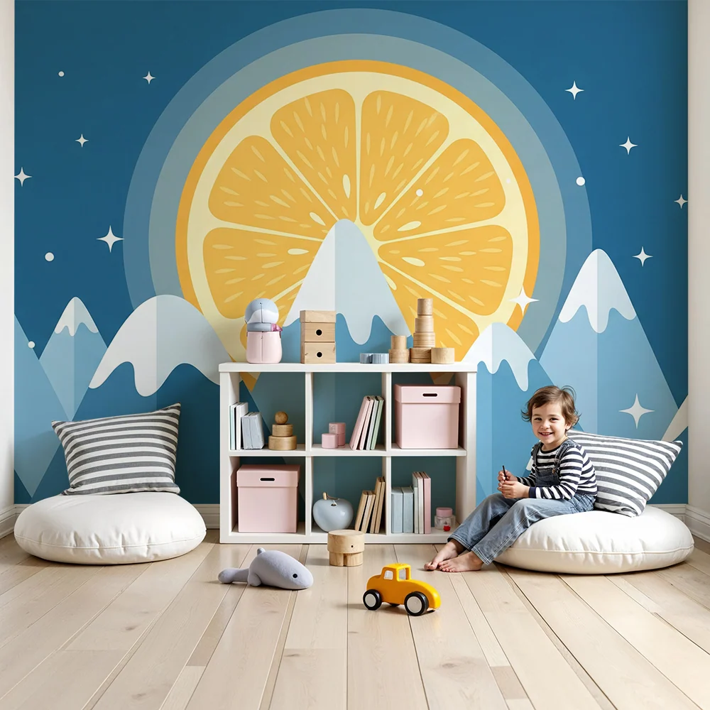 Dětská pokojová tapeta | Stylizované hory s citronovým sluncem