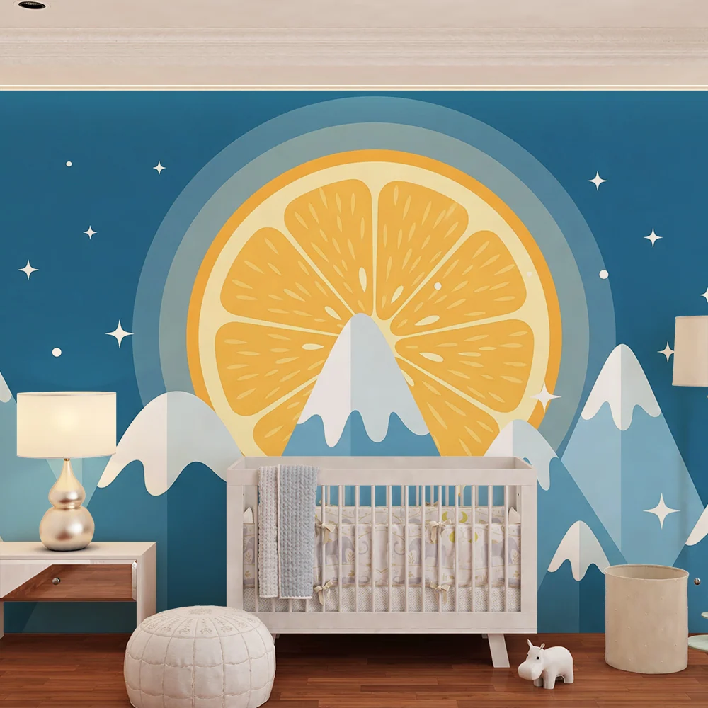Dětská pokojová tapeta | Stylizované hory s citronovým sluncem