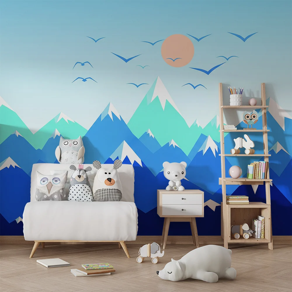 Dětská pokojová tapeta | Stylizované hory s modrou oblohou sluncem