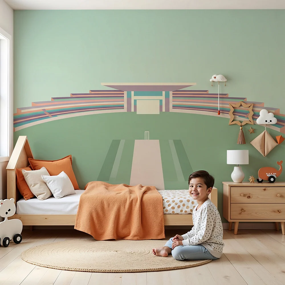 Dětská pokojová tapeta | Stylizované kriketové hřiště s barevnými tribunami
