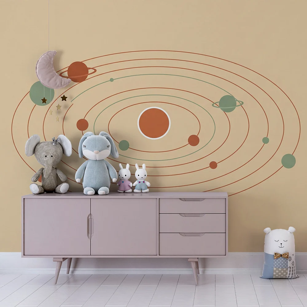 Dětská pokojová tapeta | Stylizovaná sluneční soustava s barevnými planetami