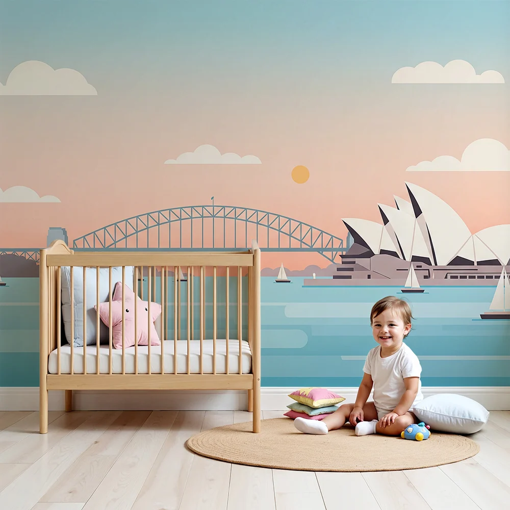 Dětská pokojová tapeta | Stylový pohled na Sydney s plachetnicemi pastelovou oblohou