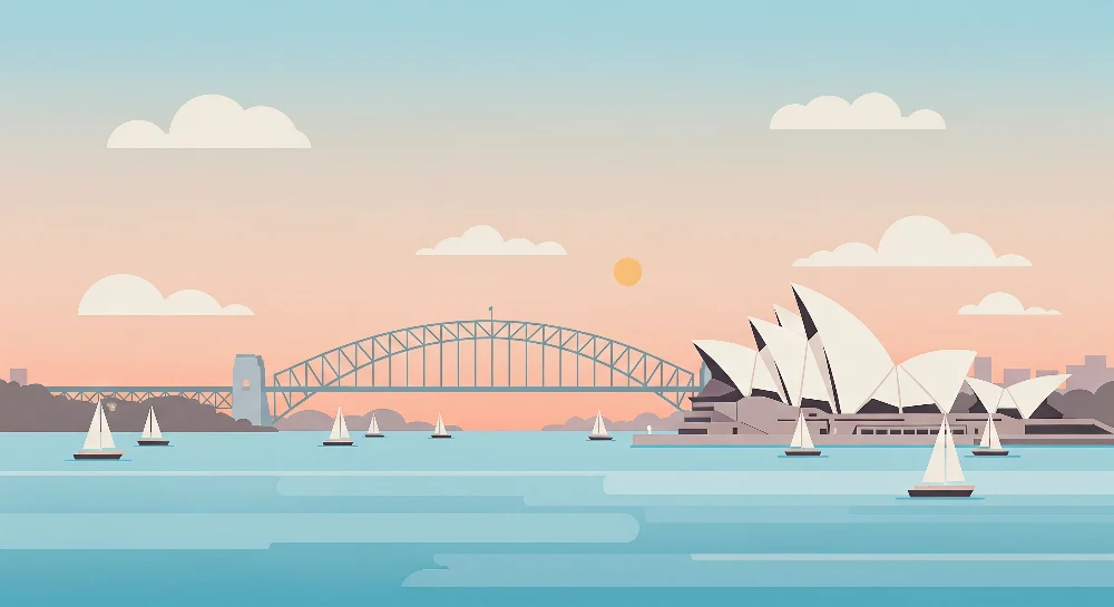 Dětská pokojová tapeta | Stylový pohled na Sydney s plachetnicemi pastelovou oblohou