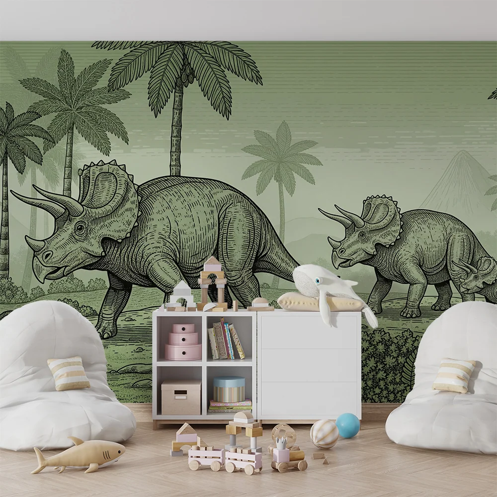Dětská pokojová tapeta | Triceratops v zelené prehistorické krajině