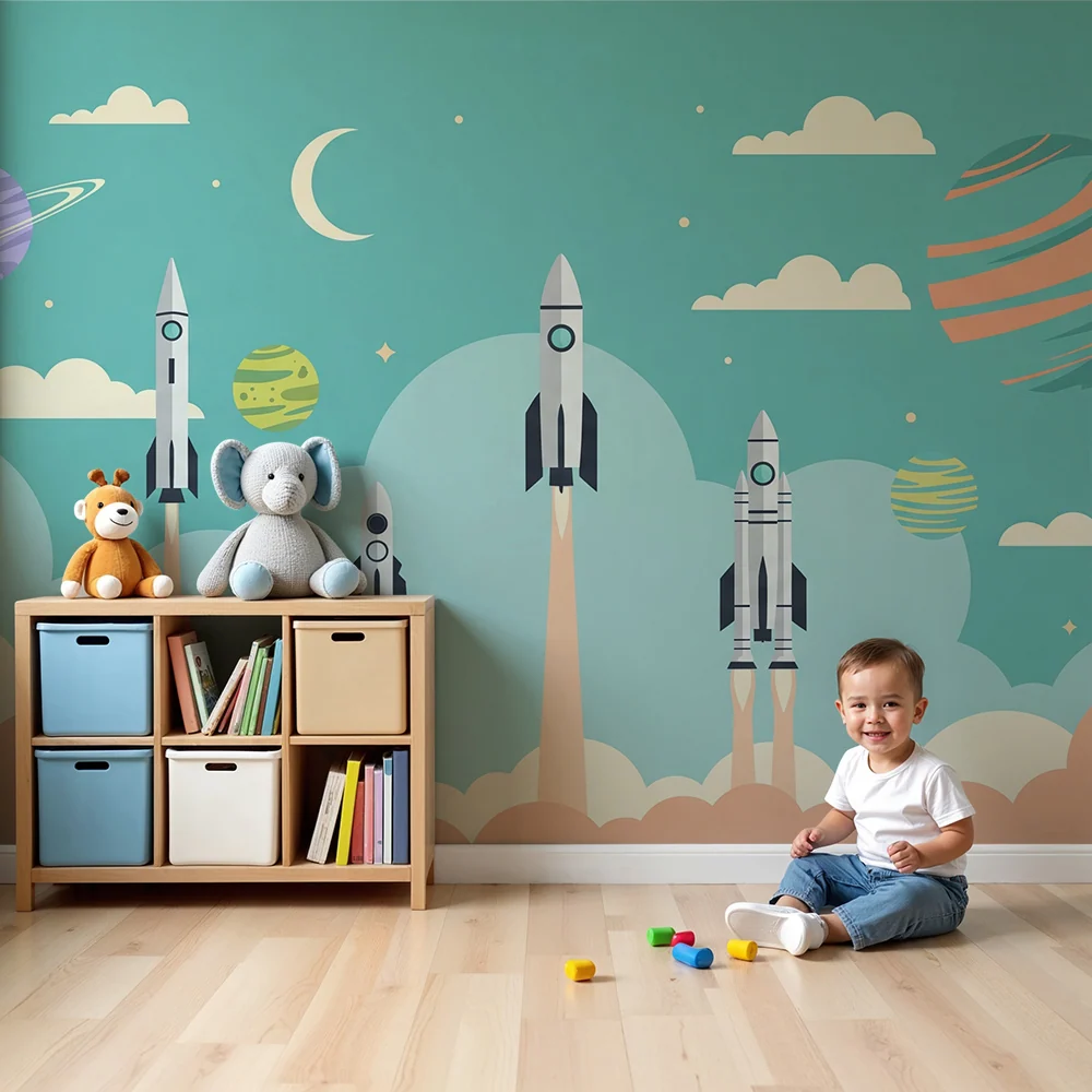 Dětská pokojová tapeta | Čtyři rakety v plném startu ve hvězdné obloze