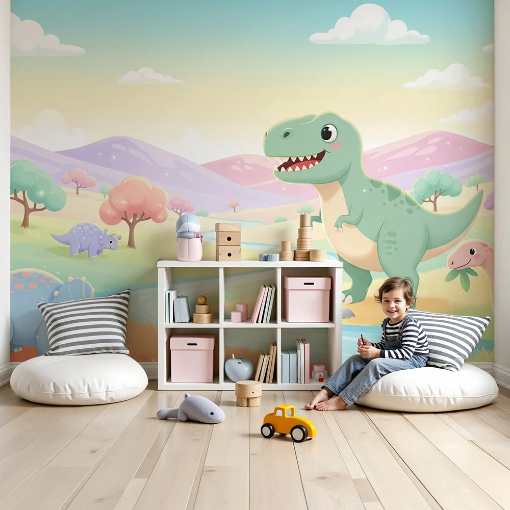 Dětská pokojová tapeta | Veselý dinosaurus v barevné krajinné motivaci