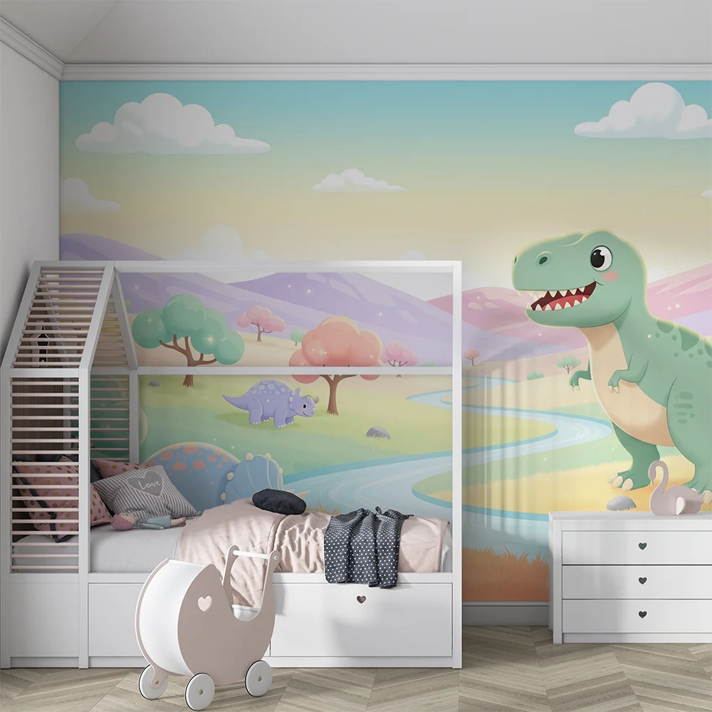 Dětská pokojová tapeta | Veselý dinosaurus v barevné krajinné motivaci