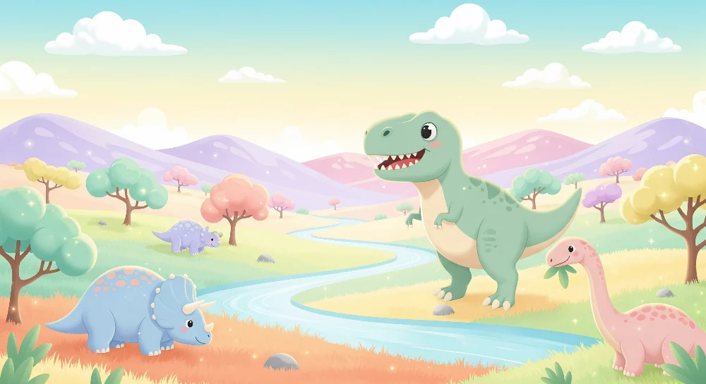 Dětská pokojová tapeta | Veselý dinosaurus v barevné krajinné motivaci