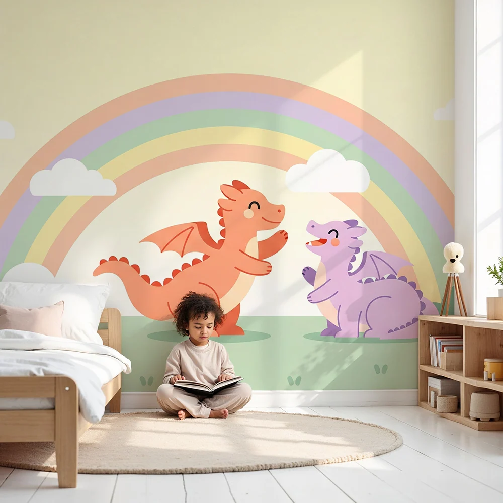 Dětská pokojová tapeta | Veselí draci pod pastelovým duhou