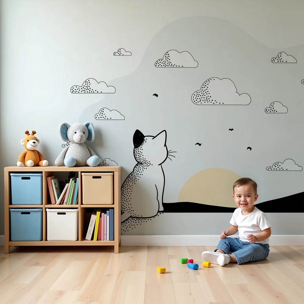 Dětská pokojová tapeta | Zamyšlený kocour před minimalistickým západem slunce