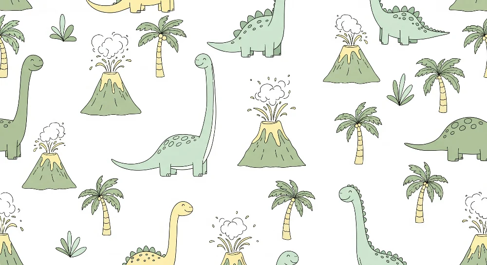 Dětská pokojová tapeta | Zábavný dinosaurus prehistorické krajiny s sopkami