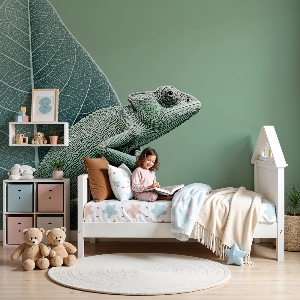 Dětská pokojová tapeta | Zelený chameleon na pozadí jemných listů
