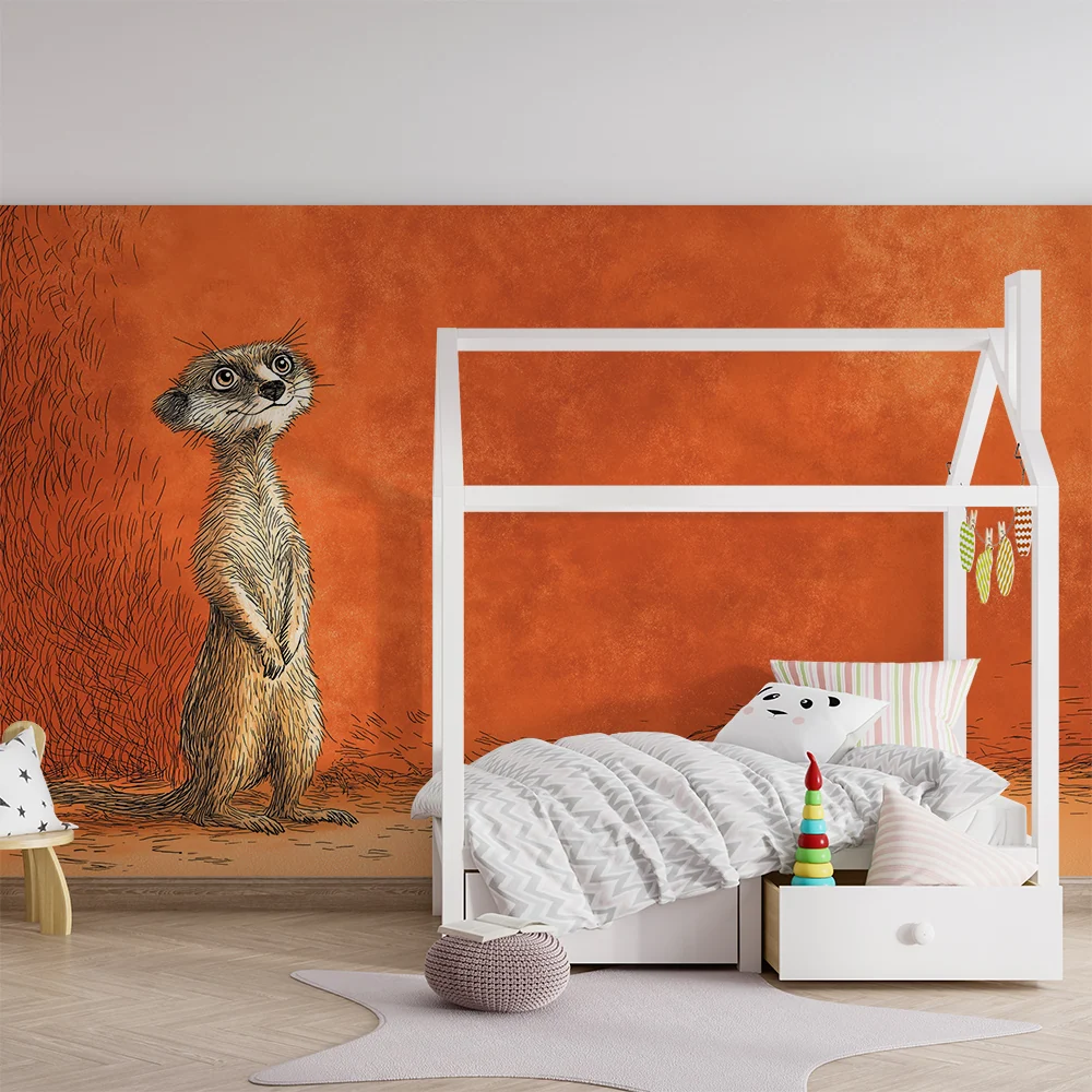Dětská pokojová tapeta | Zvědavý surikata na oranžovém pozadí