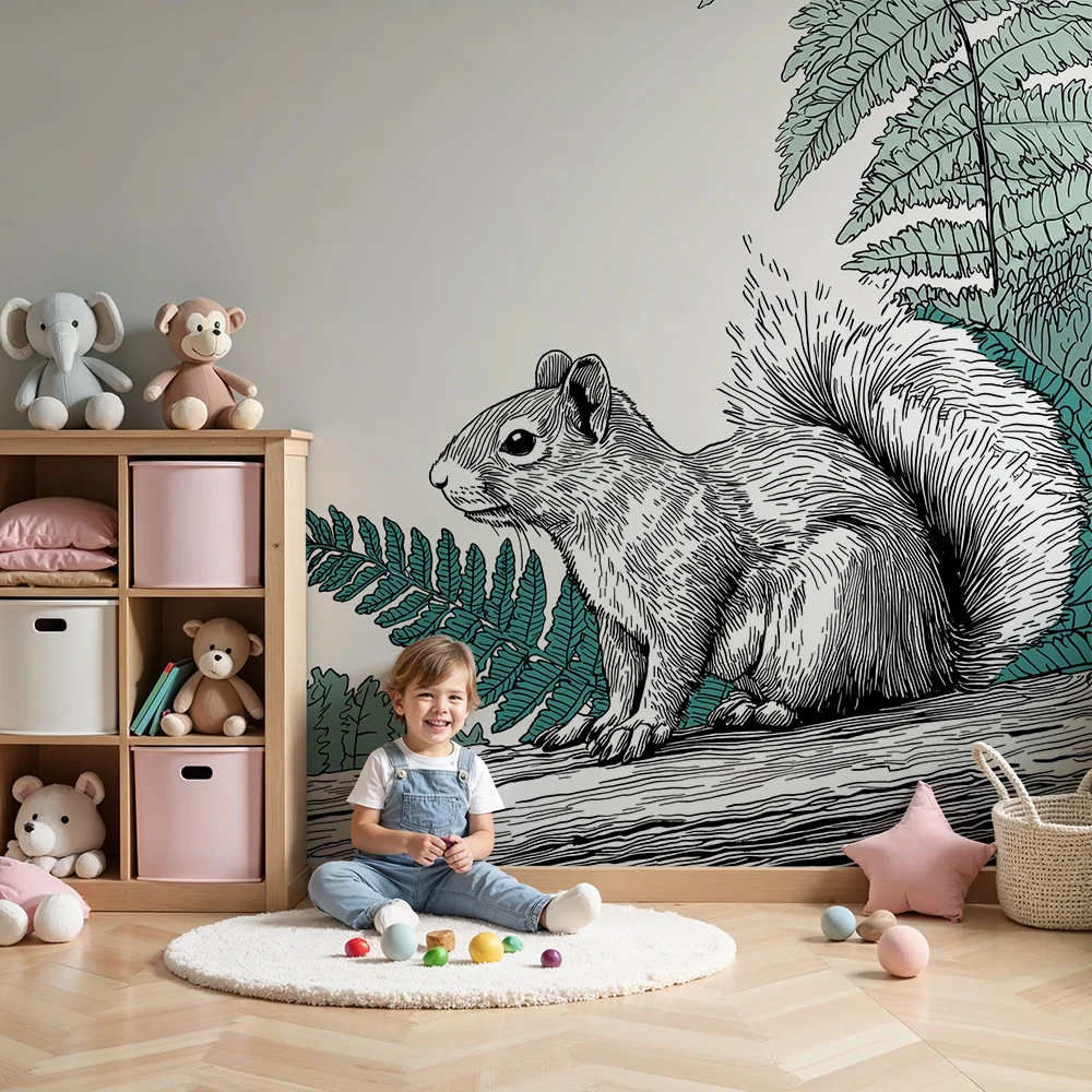 Dětská pokojová tapeta | Zvědavý veverka mezi kapradím