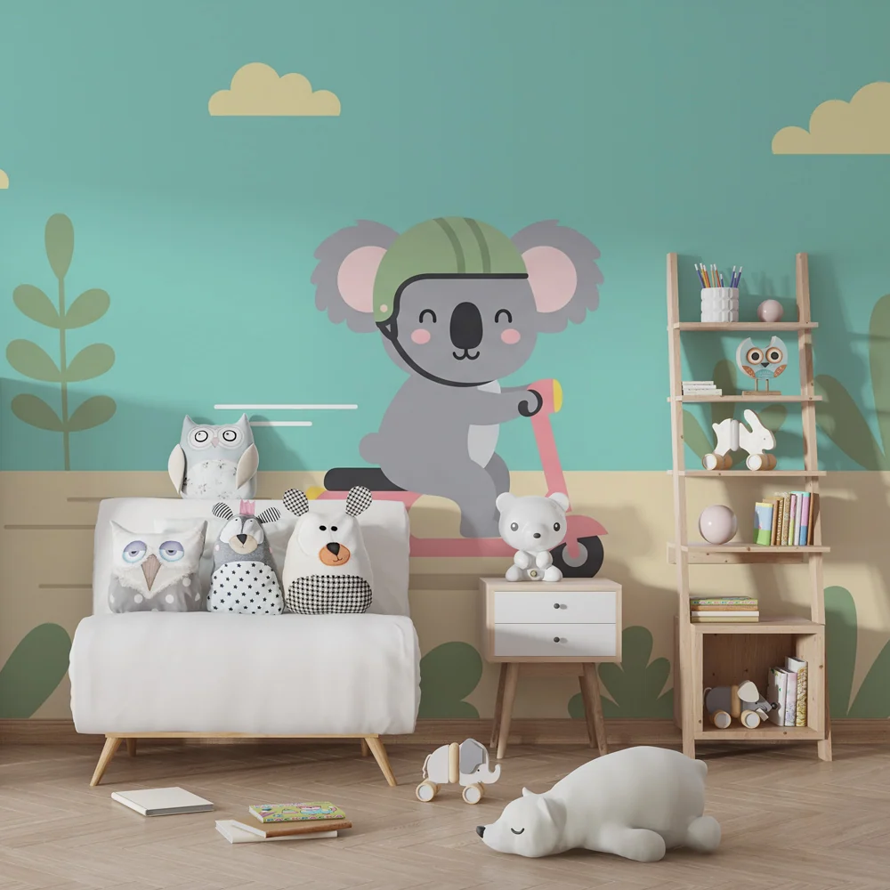 Dětské pokojové tapety | Koala dobrodruh na svém koloběžce