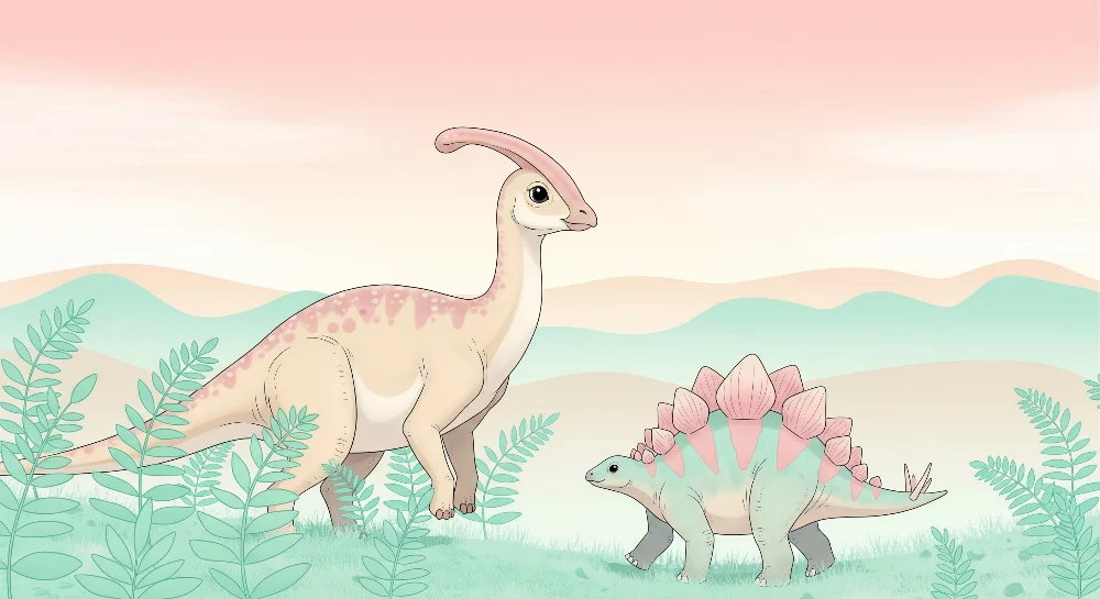 Dětská tapeta | Barevní dinosauři v jemné krajinné scenérii
