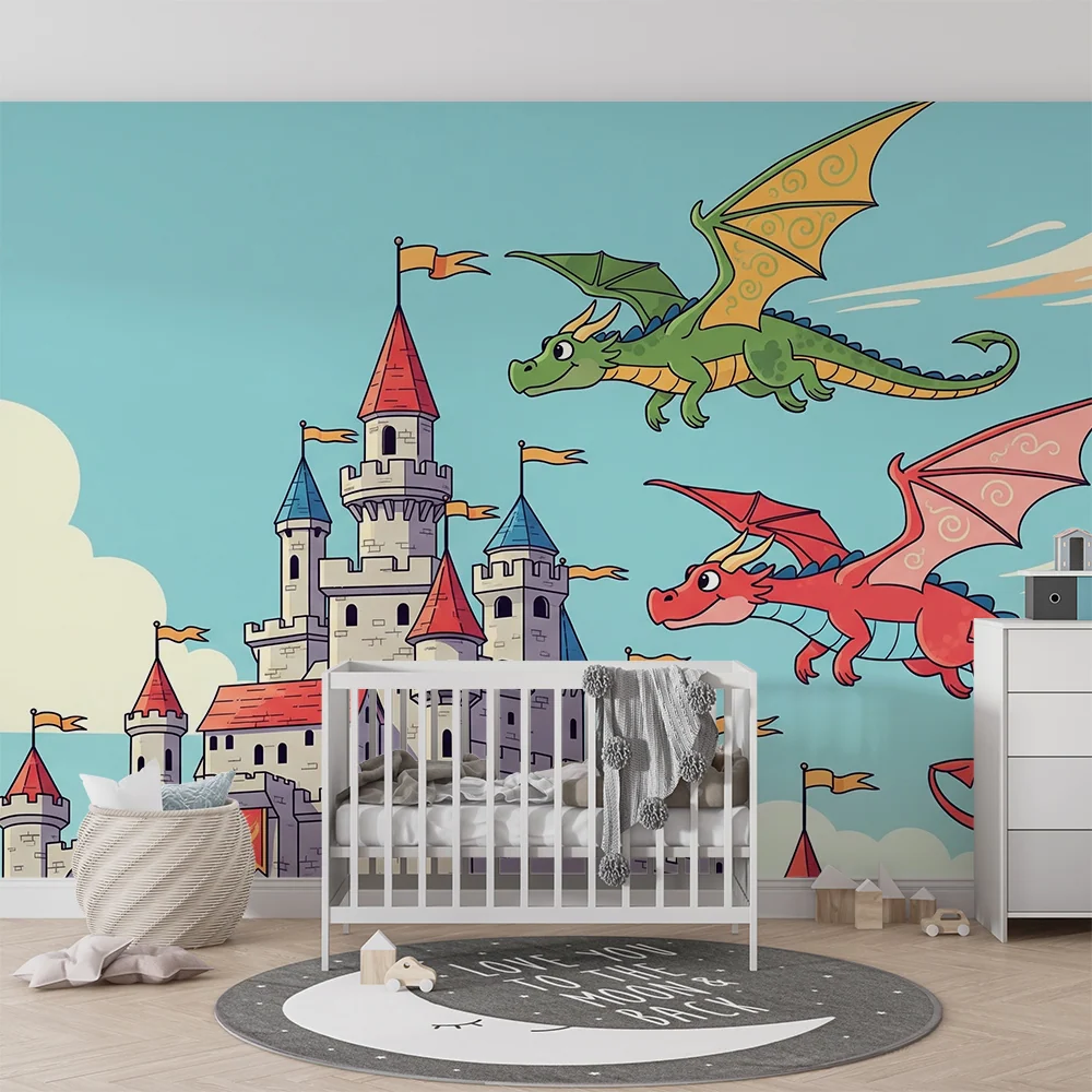 Dětská tapeta | Barevní draci na pozadí středověkého hradu