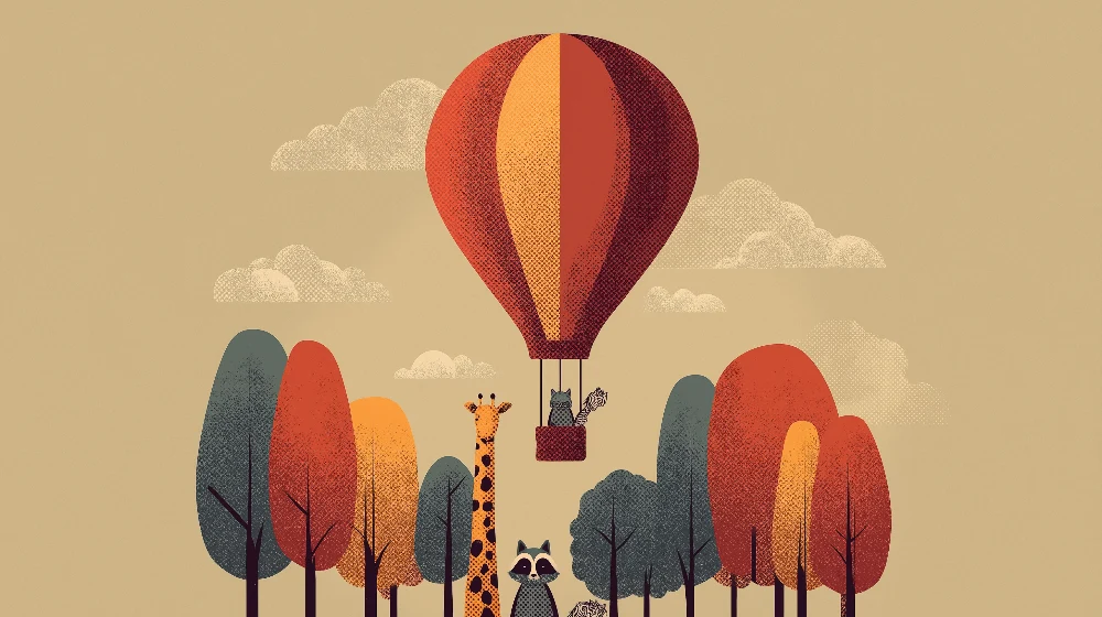 Dětská tapeta | Barevný horkovzdušný balón s zvířaty v podzimní krajině