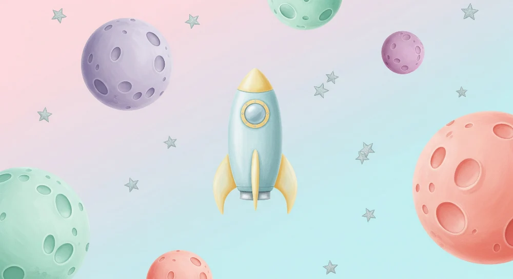 Dětská tapeta | Barevná raketa hravé planety na hvězdné obloze