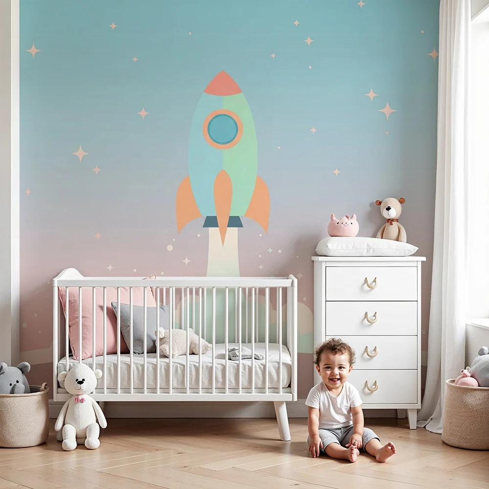 Dětská tapeta | Barevná raketa letící k hvězdám
