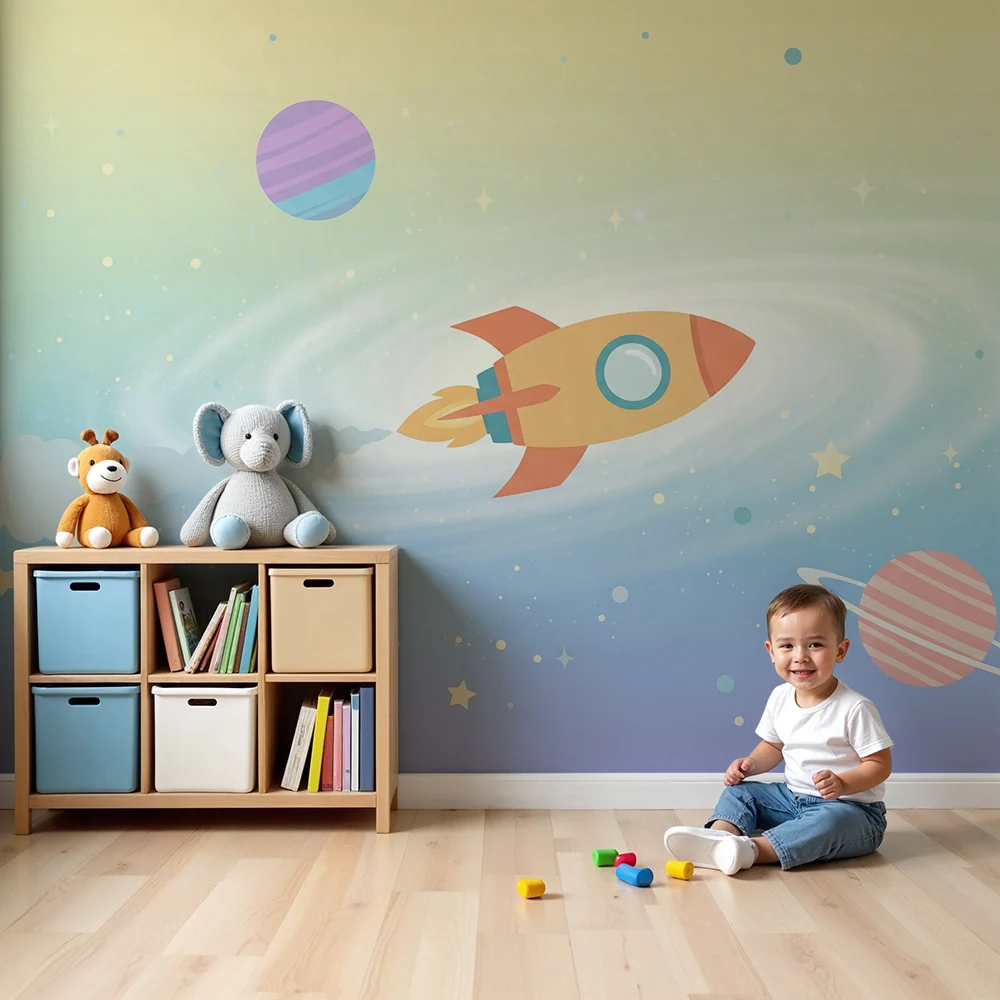 Dětská tapeta | Barevná raketa planety ve hvězdném vesmíru