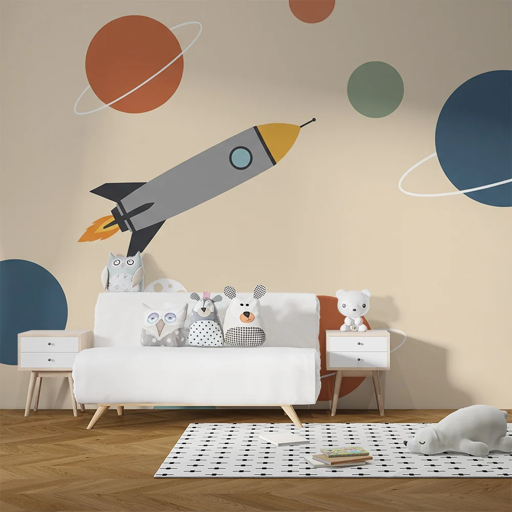 Dětská tapeta | Barevná raketa planety ve vesmíru