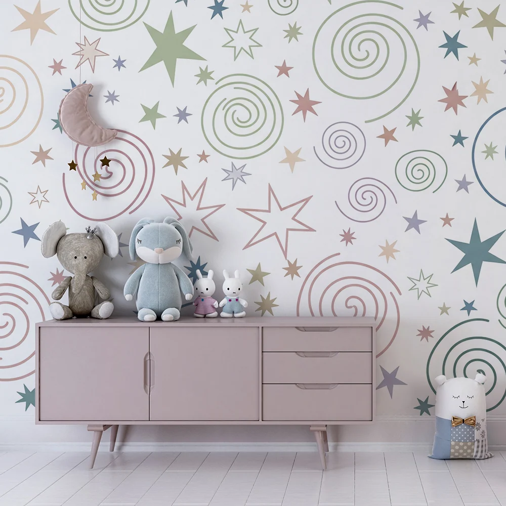 Dětská tapeta | Barevné spirály hvězdy na bílém pozadí