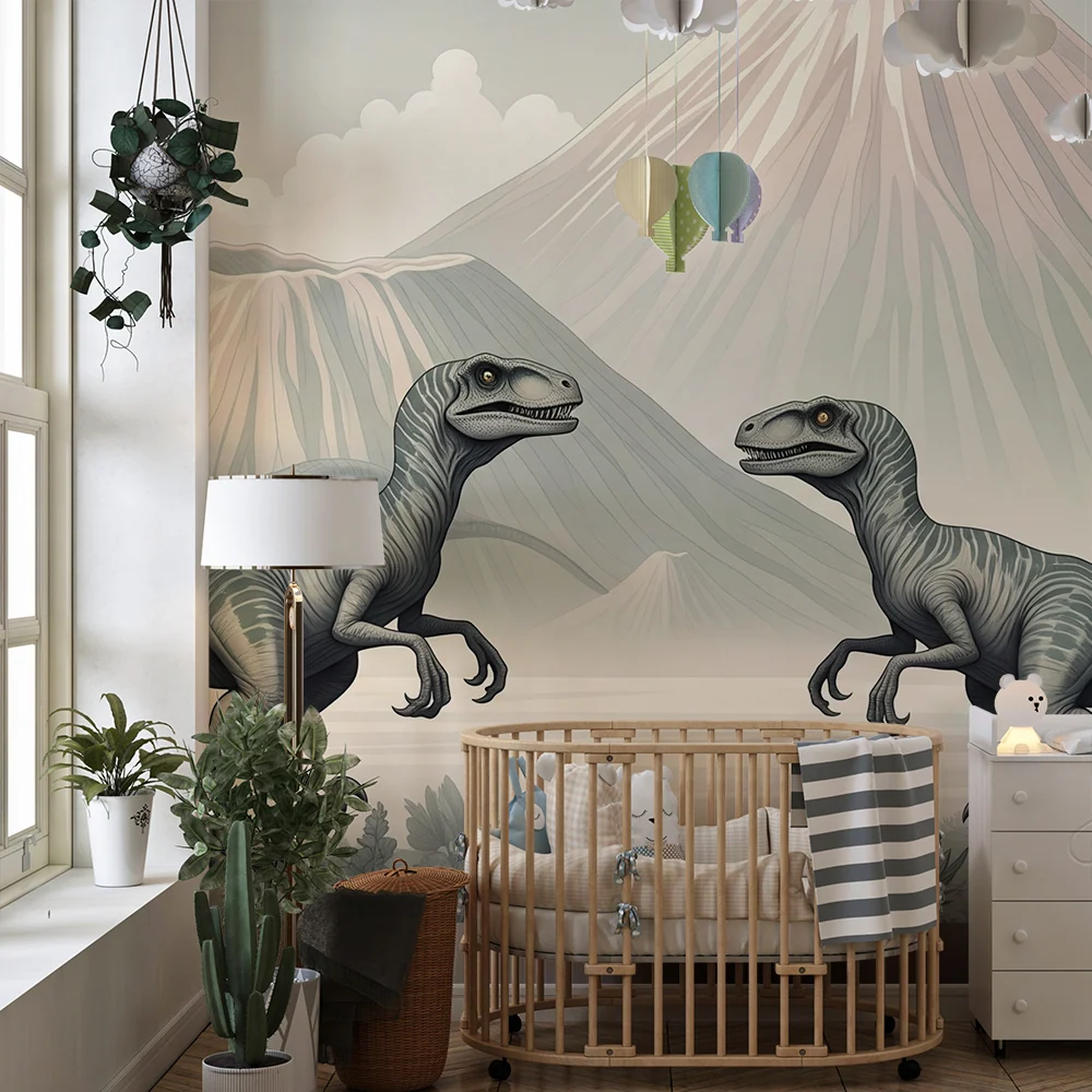 Dětská tapeta | Dinosaur prehistorické krajiny s majestátními sopkami