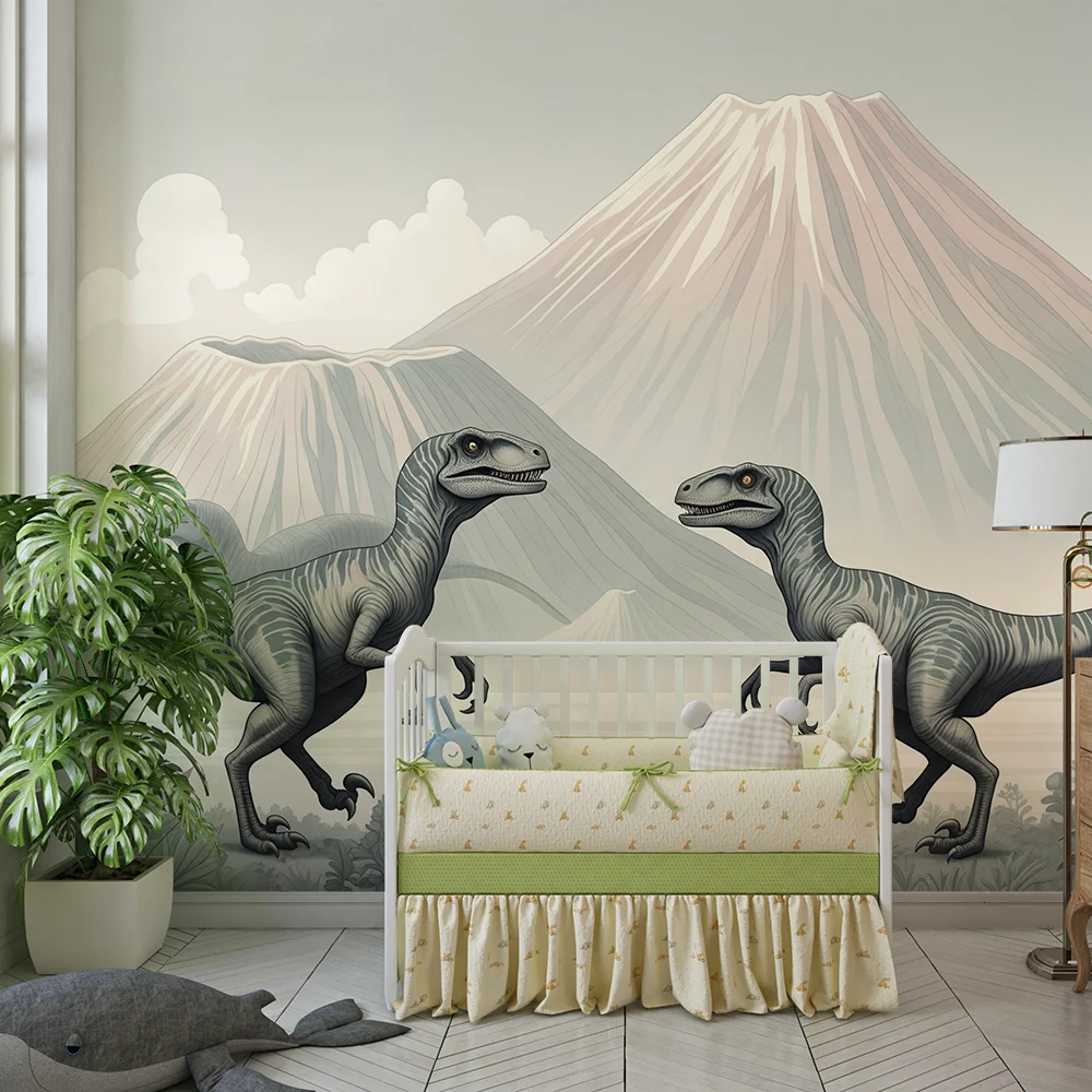 Dětská tapeta | Dinosaur prehistorické krajiny s majestátními sopkami