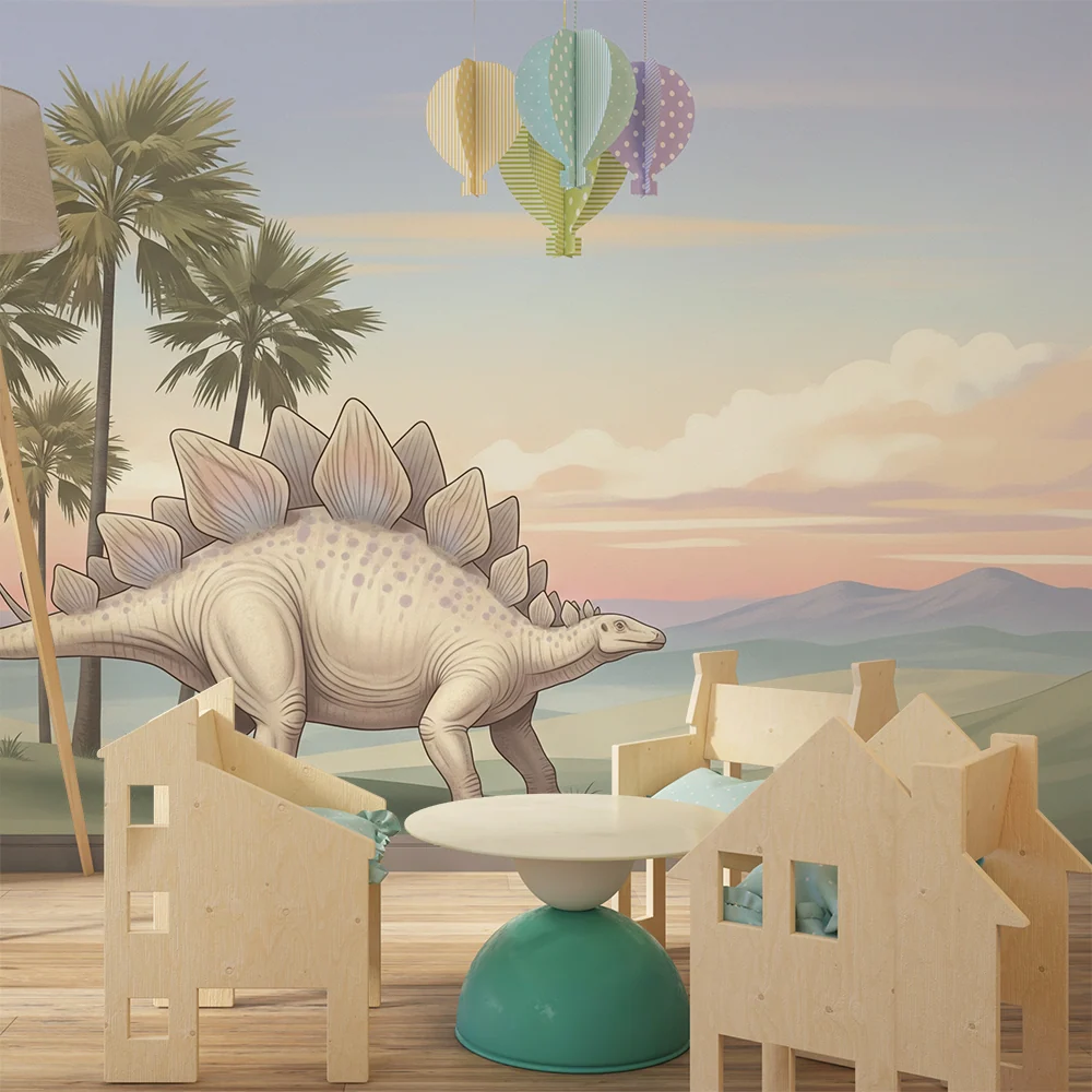 Dětská tapeta | Dinosaurus v prehistorické krajine v pastelových farbách