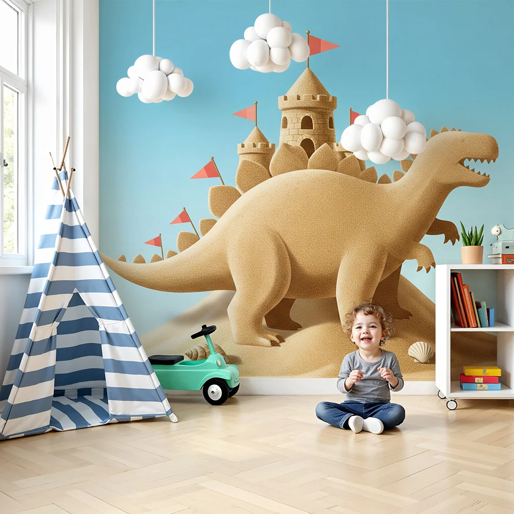 Dětská tapeta | Dinosaurus písečný hrad na modrém pozadí