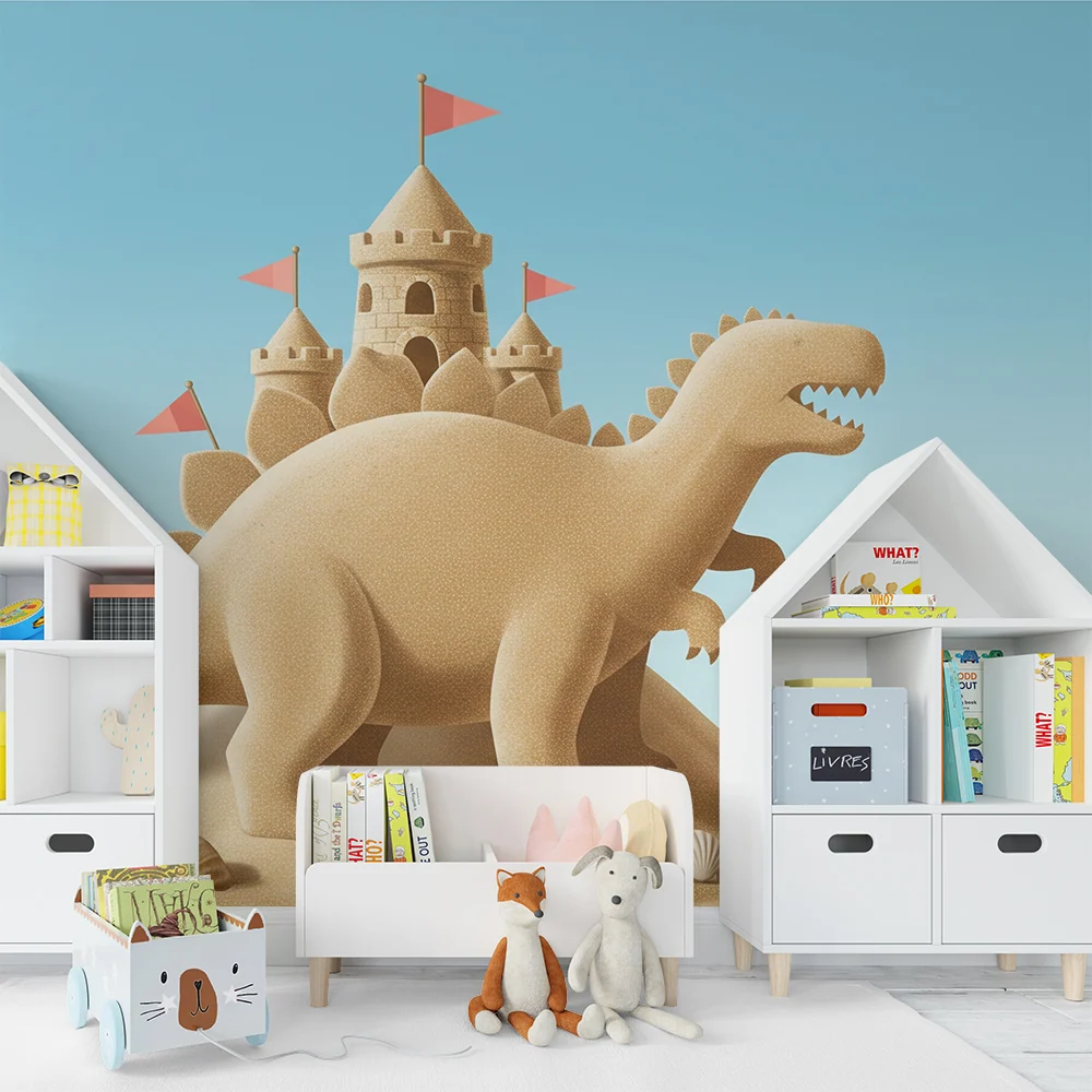Dětská tapeta | Dinosaurus písečný hrad na modrém pozadí