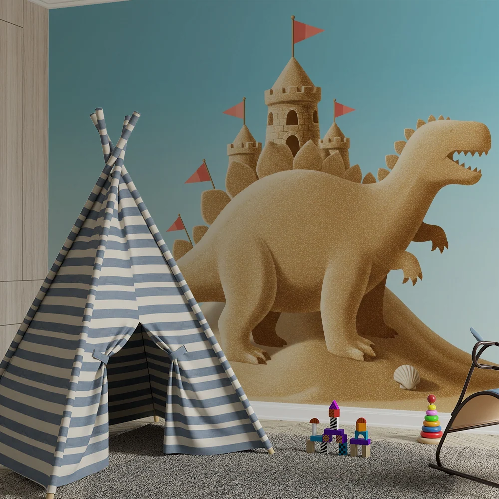 Dětská tapeta | Dinosaurus písečný hrad na modrém pozadí