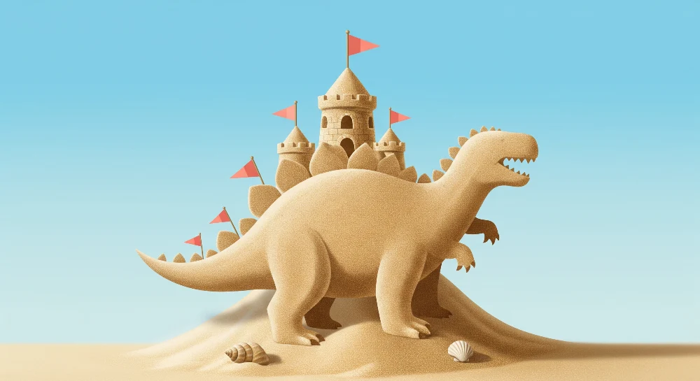 Dětská tapeta | Dinosaurus písečný hrad na modrém pozadí