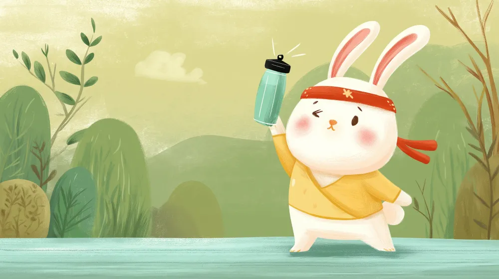 Dětská tapeta | Dobrodružný králík s láhví vody v zelené krajině