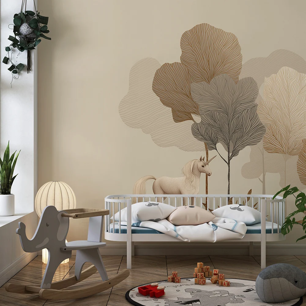 Dětská tapeta | Elegantní jednorožec obklopený stylizovanými stromy