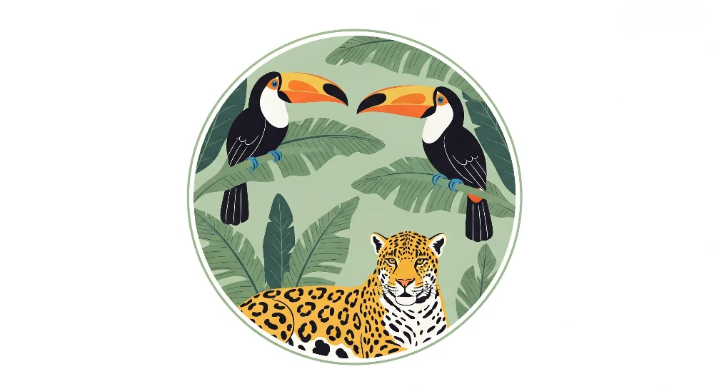 Dětská tapeta | Jaguar tukani v pestrobarevné džungli